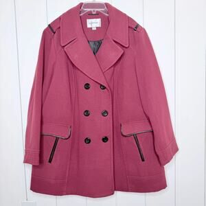 Burgundy Double Breasted Coat Plus Size 26/28 Pleather Trim
